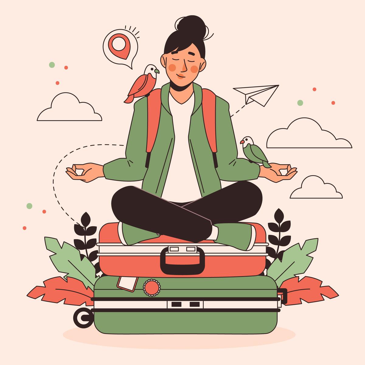 An illustration of a calm student sitting on luggage, representing a smooth study abroad journey